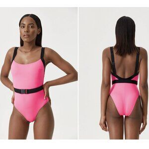 Noire Womens Neon Pink Miami One Piece Swimsuit S Belted Farfetch Beach Vacation